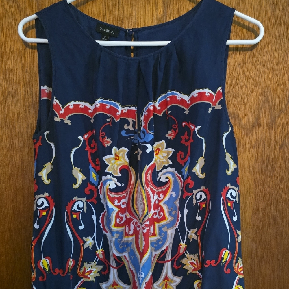 Talbots Sleeveless Blouse - Navy with Red and Yellow Accents
